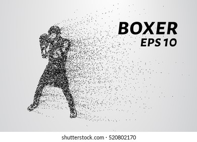 Boxer of the particles. The boxer is made of little circles. The boxer in the pose of attack. Vector illustration.