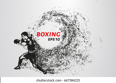 Boxer of the particles. The boxer is made of little circles. The boxer in the pose of attack. Vector illustration