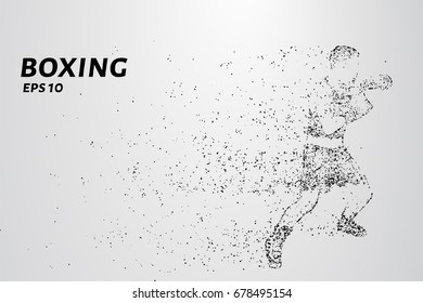 Boxer of the particles. The boxer is made of little circles. In the pose of attack. Vector illustration.