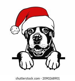 Boxer Peeking Dogs in santa hat. Boxer cute puppy dog breed. black and white clipart of a dogs head isolated on a white background. The dog stuck out its tongue. svg