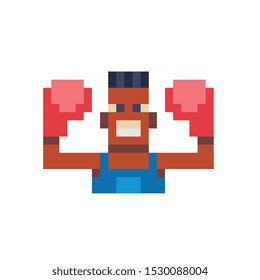 Boxer, pixel art icon, man in boxing gloves isolated vector illustration, design for logo, sticker, mobile app. Game assets 8-bit sprite.