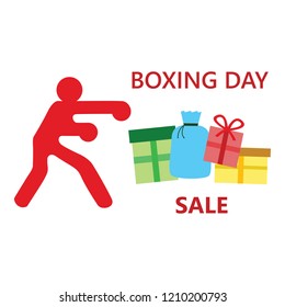 Boxer with presents on the white background boxing day text