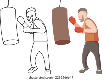 Boxer with punching bag. Sports training. Line art and colorful illustration. Boxer with red gloves punching to the bag.