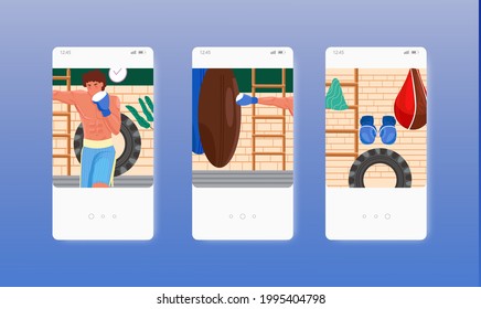 Boxer punching heavy bag. Boxing gym workout. Mobile app screens, vector website banner template. UI, web site design.