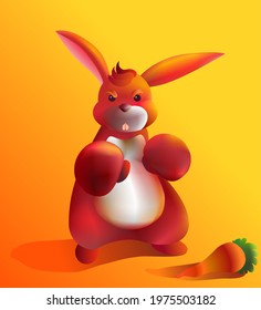 Boxer rabbit. an illustration showing Rabbit protecting his last carrot in a boxer's pose. This vector is suitable for the theme of animals, rabbits, small animals, cute animals, nature, protect.