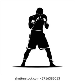 Boxeador en una postura lista con guantes. Silueta de luchador de Profesional preparada para un partido. Deportista de combate con equipo completo.