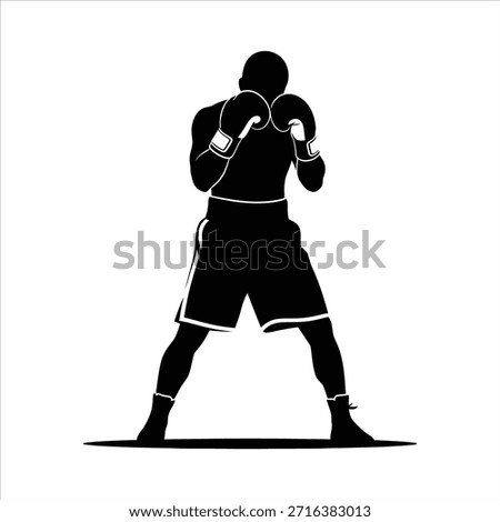 Boxer in a ready stance with gloves. Professional fighter silhouette prepared for a match. Combat sports athlete in full gear.