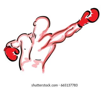 Boxer with red gloves hits with left hand
