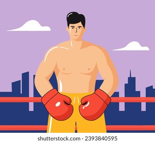 Boxer in the ring against the background of the city, flat vector illustration.