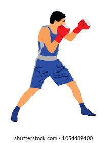 Boxer in ring vector illustration isolated on white background.  Strong fighter. Direct kick. Sportsman on training. Sparing. Martial skills demonstration. Boxing sport spectacle event. Kick avodiance