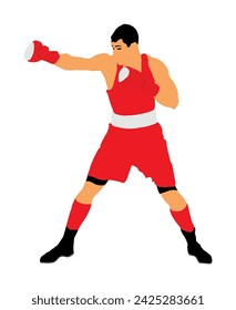 Boxer in ring vector illustration isolated on white background. Strong fighter direct kick. Sportsman on training sparing. Martial skills demonstration. Boxing sport event. Kick avoidance. Tough man.