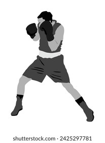 Boxer in ring vector illustration isolated on white background. Strong fighter direct kick. Sportsman on training sparing. Martial skills demonstration. Boxing sport event. Kick avoidance. Tough man.