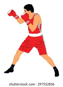 Boxer in ring vector illustration isolated on white background.  Strong fighter. Direct kick. Sportsman on training. Sparing. Martial skills demonstration. Boxing sport spectacle event. Kick avoidance