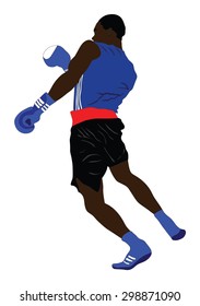 Boxer in ring vector illustration isolated on white background.  battle spectacle event. Martial arts sport. Courage of pride and skill. Old fight Olympic discipline. Strong Afro American fighter.