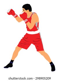 Boxer in ring vector illustration isolated on white background.  Strong fighter. Direct kick. Sportsman on training. Sparing. Martial skills demonstration. Boxing sport spectacle event. Kick avoidance