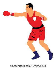 Boxer in ring vector illustration isolated on white background.  Strong fighter. Direct kick. Sportsman on training. Sparing. Martial skills demonstration. Boxing sport spectacle event. Kick avoidance