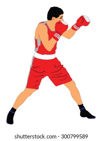 Boxer in ring vector illustration isolated on white background.  Strong fighter. Direct kick. Sportsman on training. Sparing. Martial skills demonstration. Boxing sport spectacle event. Kick avoidance