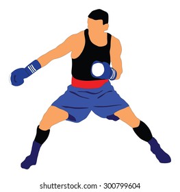 Boxer in ring vector illustration isolated on white background.  Strong fighter. Direct kick. Sportsman on training. Sparing. Martial skills demonstration. Boxing sport spectacle event. Kick avoidance