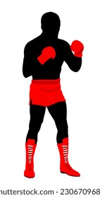 Boxer in ring vector silhouette illustration isolated on white. Strong fighter shape shadow direct kick. Sportsman training sparing. Martial skills. Boxing sport event. Kick avoidance. Tough man.