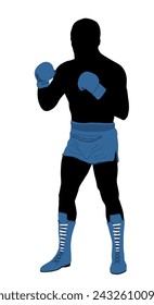 Boxer in ring vector silhouette illustration isolated on white. Strong fighter shape shadow direct kick. Sportsman training sparing. Martial skills. Boxing sport event. Kick avoidance. Tough man.