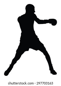 Boxer in ring vector silhouette illustration isolated on white.  Strong fighter. Direct kick. Sportsman on training. Sparing. Martial skills demonstration. Boxing sport spectacle event. Kick avoidance