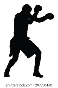 Boxer in ring vector silhouette illustration isolated on white.  Strong fighter. Direct kick. Sportsman on training. Sparing. Martial skills demonstration. Boxing sport spectacle event. Kick avoidance