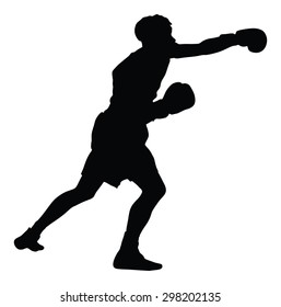 Boxer in ring vector silhouette illustration isolated on white.  Strong fighter. Direct kick. Sportsman on training. Sparing. Martial skills demonstration. Boxing sport spectacle event. Kick avoidance