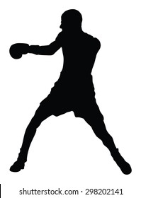 Boxer in ring vector silhouette illustration isolated on white.  Strong fighter. Direct kick. Sportsman on training. Sparing. Martial skills demonstration. Boxing sport spectacle event. Kick avoidance