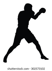 Boxer in ring vector silhouette illustration isolated on white.  Strong fighter. Direct kick. Sportsman on training. Sparing. Martial skills demonstration. Boxing sport spectacle event. Kick avoidance