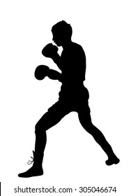 Boxer in ring vector silhouette illustration isolated on white.  Strong fighter. Direct kick. Sportsman on training. Sparing. Martial skills demonstration. Boxing sport spectacle event. Kick avoidance
