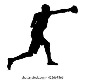 Boxer in ring vector silhouette illustration isolated on white background. Direct kick. Training sparing boxing. Muscle sportsman work out.