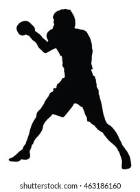 Boxer in ring vector silhouette illustration isolated on white.  Strong fighter. Direct kick. Sportsman on training. Sparing. Martial skills demonstration. Boxing sport spectacle event. Kick avoidance