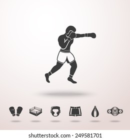 Boxer with shadow and set of boxing icons - gloves, shorts, helmet, ring, belt, punch bag. Vector