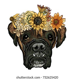 Boxer sharpei puppy in the exotic flower roses wreath crown. Tattoo or T - shirt dress poster boho Chic dog portrait concept. Fashion illustration. Hand drawn domestic dog vector.