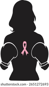 Silhueta de boxe com luvas e fita rosa representando força e coragem durante o Mês de Conscientização sobre o Câncer de Mama, ideal para cartazes motivacionais ou equipamentos esportivos