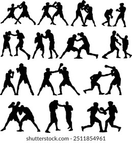 Boxer silhouette illustration. People pose while boxing isolated on white.