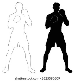 Silhueta boxer e ilustração de vetor de contorno.