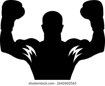 Uma silhueta boxer com braços levantados e tatuagens relâmpago em bíceps, simbolizando força.
"Ilustração esboçada no Photoshop, vetorizada manualmente no Illustrator. Não gerado por IA. Sem rastreamento automático."