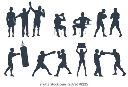 Boxer silhouette set. Professional boxers, men sparring, sport championship and competition. Kickboxing tournament. Strong fighter in gloves. People athlete. Vector isolated set