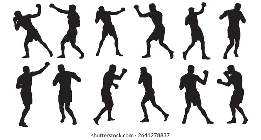 Boxer Silhouette Vector Set Isolated On White Background Boxing Poses. silhouettes of boxing player is isolated on a white background . 