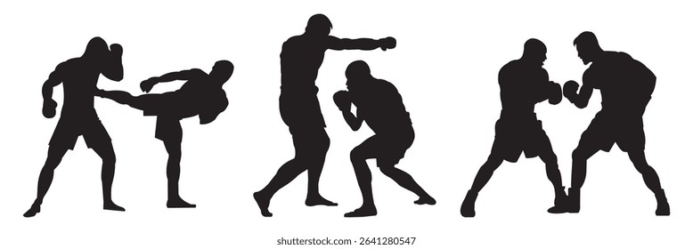 Boxer Silhouette Vector Set Isolated On White Background Boxing Poses And Victory Expressions Sports Training . EPS 10