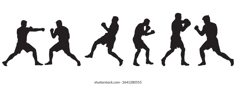 Boxer Silhouette Vector Set Isolated On White Background Boxing Poses And Victory Expressions Sports Training . EPS 10