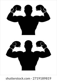 Boxer silhouettes flexing biceps with gloves, strong man vector illustration.