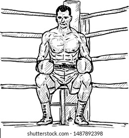 A boxer sitting in his boxing ring corner. Hand drawn vector illustration. 