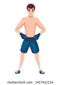 Boxer in sports pants with boxing gloves stand on training cartoon character design flat vector illustration isolated on white background