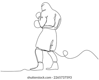 Boxer standing in a body protection block in one line on a white background. Sportsman fighter in conceptual style. Stock vector illustration with editable stroke.