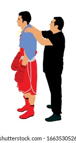 Boxer standing in corner and relaxing by massage vector isolated on white. Sportsman concentration listening advice from coach before entering in ring. Player waiting gong to boxing. Sport man fighter