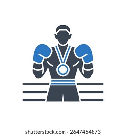 Um boxeador de pé com luvas e um ícone de medalha
