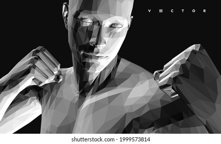 Boxer steht in Pose und bereit zu kämpfen. Sportsymbol. Konzept des Willens gewinnen oder Macht des Geistes. 3D-Vektorgrafik.