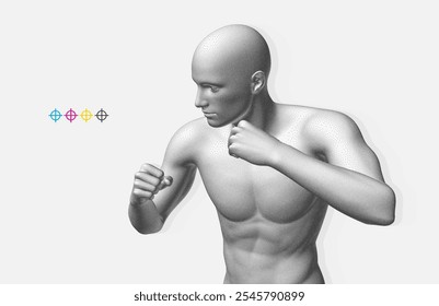 Boxer standing in pose and ready to fight. Sport symbol. Concept of will win or power of spirit. Model of an athlete with stipple effect. Designer's aim on CMYK targets. 3D vector for design.